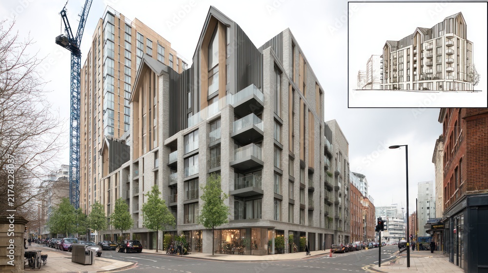 Fototapeta premium Modern urban architecture featuring multi story buildings and construction crane