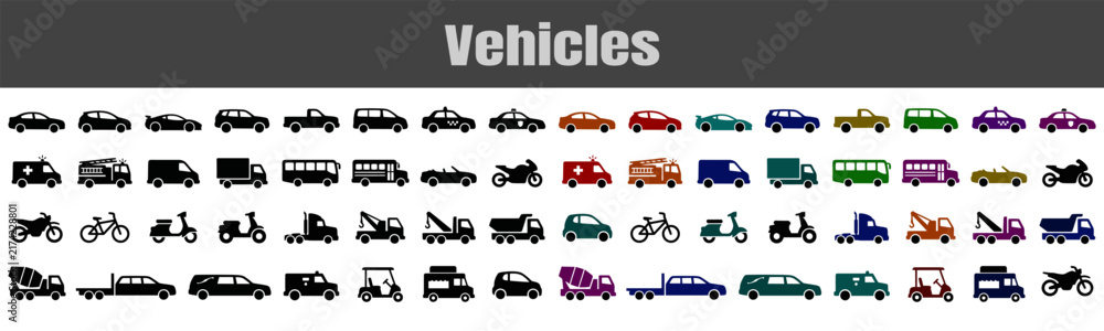 Fototapeta premium Collection of various colorful vehicle icons and transportation symbols isolated on a white background