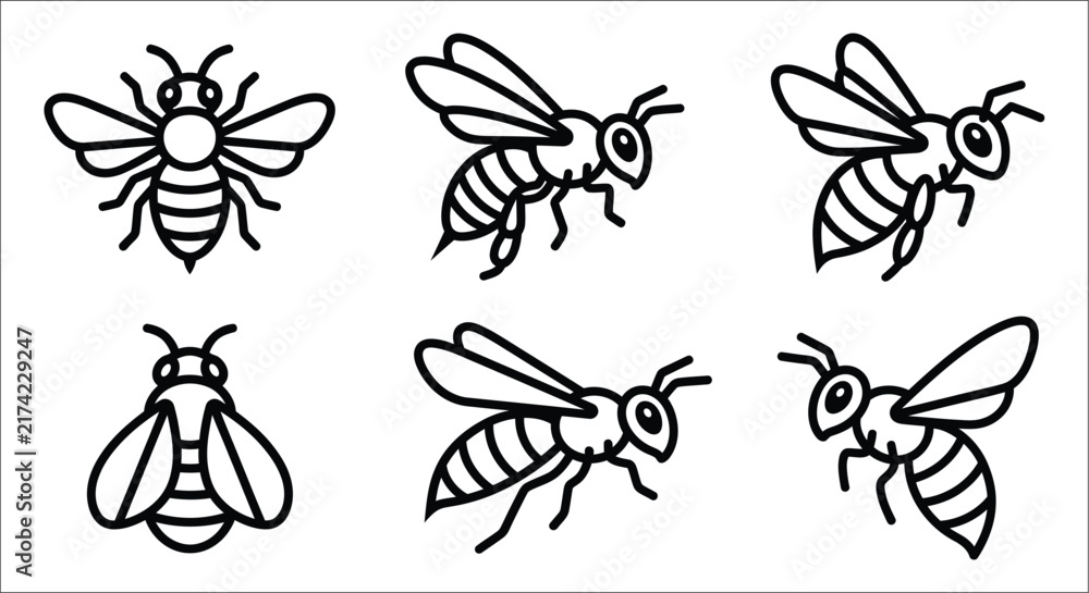 Fototapeta premium Line art bees depict various flying poses against a white background