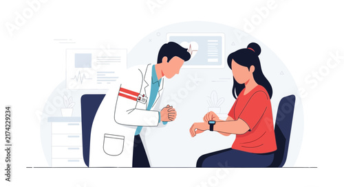 Medical Professional Examining Patient's Smartwatch Data In A Modern Healthcare Setting