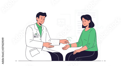 Medical Professional Examining Patient's Smartwatch, Checking Vital Health Indicators Illustration