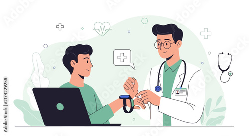 Medical Professional Examining Patient's Smartwatch, Suggesting Telehealth and Modern Solutions
