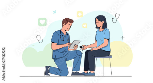Medical Professional Examining Patient's Vital Signs and Inputting Information to Tablet