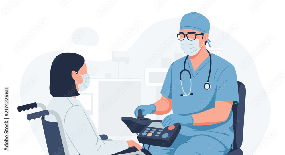 Fototapeta premium Medical Professional Examining Patient In A Wheelchair, Discussing Healthcare And Treatment