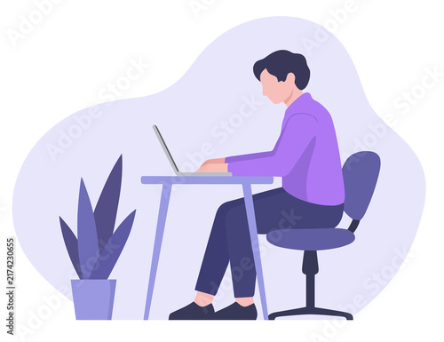 Man Working on Laptop at the home Office, flat vector illustration