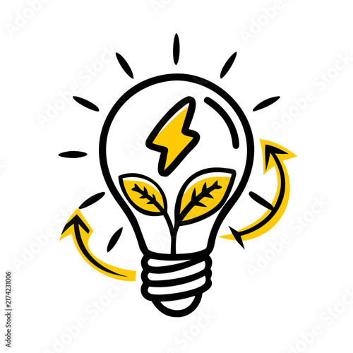 Eco friendly light bulb with yellow bolt and green leaves icon.