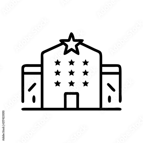Minimalist hotel building icon with star and windows in black.
