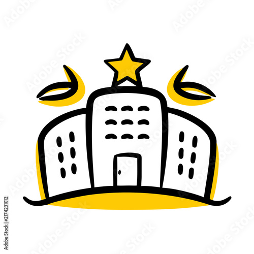 Modern hotel resort illustration with yellow star and accents.