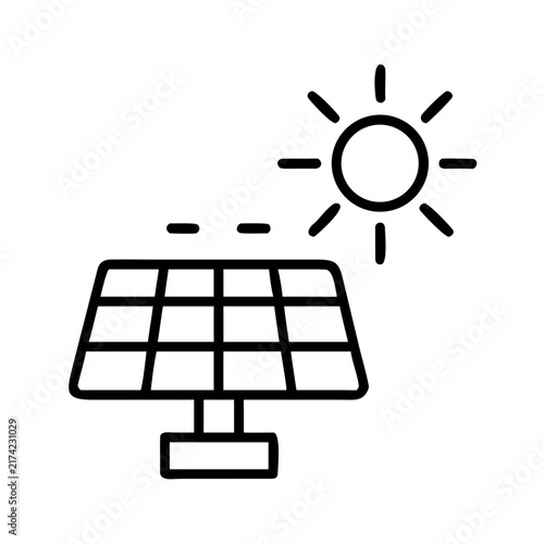 Solar panel with sun icon depicting renewable energy generation line art.