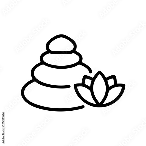 Zen stones and lotus flower icon representing relaxation and spa outline.