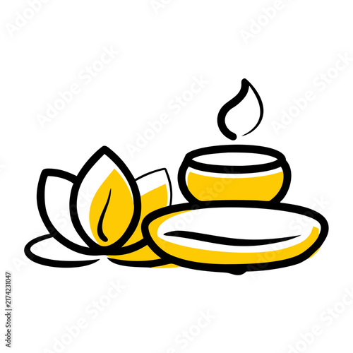 Spa candle with stacked stones and lotus flower doodle illustration.