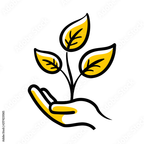 Hand holding growing plant with leaves for growth and care symbol.