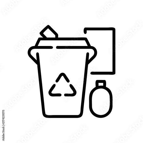 Recycling bin with trash and bottle for waste management symbol.