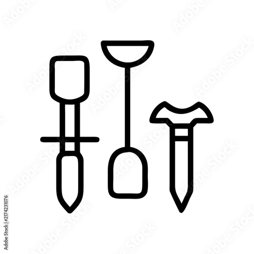 Set of garden tools for planting and digging in outline.
