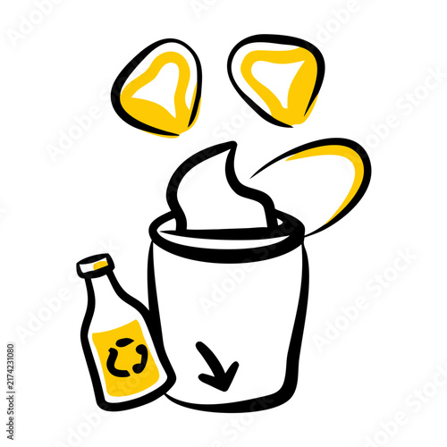 Recycling bin with bottle and falling waste for disposal symbol.