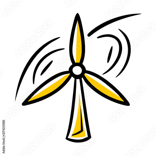 Yellow wind turbine doodle sketch portrays sustainable energy.