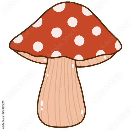 Hand-drawn illustration of a red toadstool mushroom with white polka dots, featuring a cozy cottagecore aesthetic. Perfect for stickers, stationery designs, digital planners, children's books