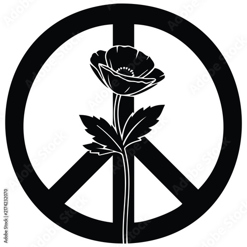 Fotografie Peace sign symbol with poppy flower silhouette vector illustration for pacifist messages