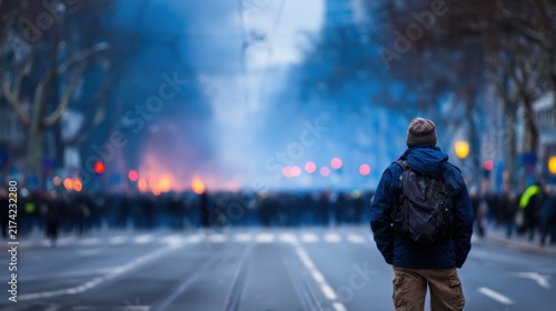 Plakat A solitary figure stands on a deserted street, facing a crowd amidst smoke and distant flames