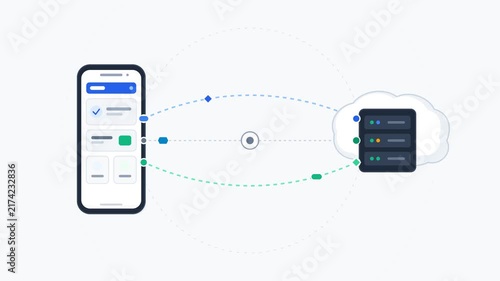Animated flat motion illustration showing smartphone data syncing with cloud computing server