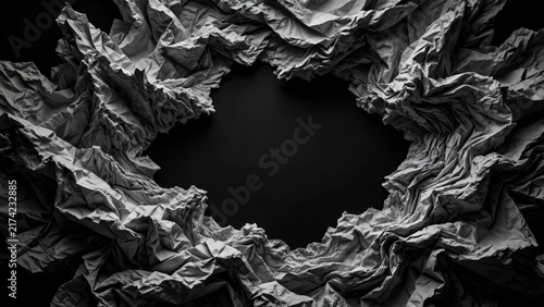 Textured black and white close-up of crumpled paper forming a circular opening