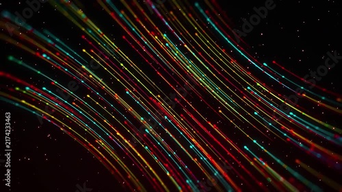 Red, yellow, and blue glowing particle trails sweep diagonally through deep starry space, with a 1–10 second reveal followed by seamless looping motion for futuristic digital backgrounds.