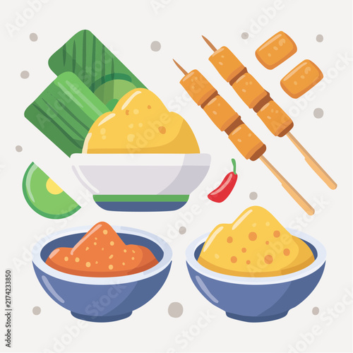 Delicious traditional Asian street food meal illustration showing woven rice parcels, grilled meat skewers, and savory dipping sauces in bowls for culinary tourism and restaurant menu vector art