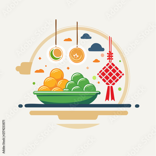 Festive traditional Asian food arrangement featuring ketupat rice dumplings, skewers, bowls of spices, and hanging lanterns for Ramadan Kareem and Eid Mubarak celebration design templates
