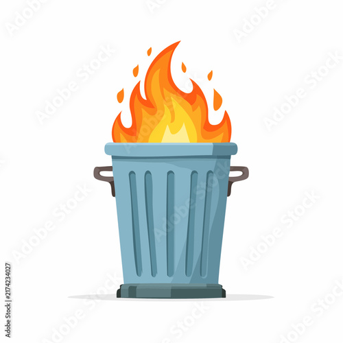 Cartoon dumpster fire illustration representing chaos and failure vector icon of burning metal garbage can on white background