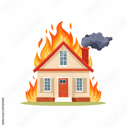 Vector illustration of a burning house on fire with smoke coming out of the chimney