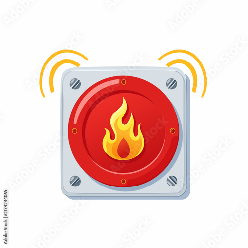Red Fire Alarm Icon with Flame and Sound Waves Vector Illustration