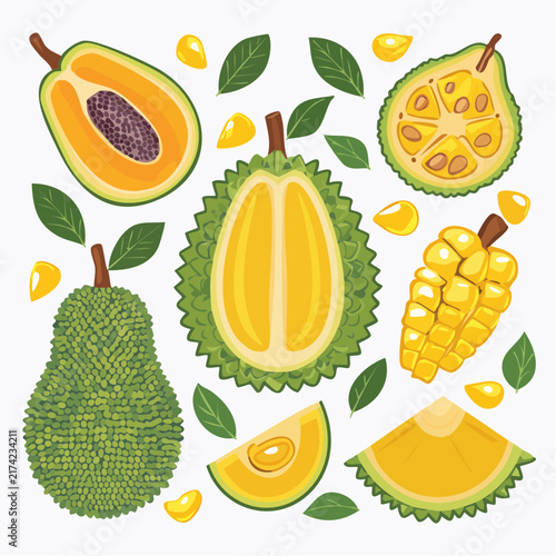 Exotic tropical fruits composition with whole and sliced durian, papaya, and soursop featuring rich green leaves and detailed textures for culinary recipe blogs and Asian fruit market advertising