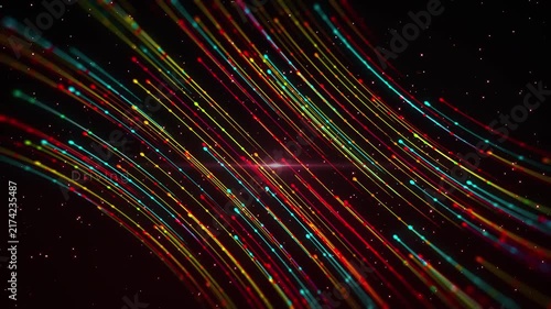 Red, yellow, and blue dotted light trails animate across a futuristic space background before revealing TECHNOLOGY IN MOTION and Driving Innovation Through Digital Connectivity text.