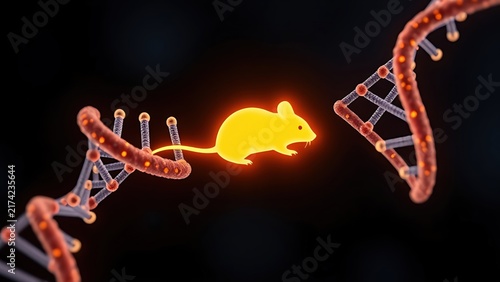 Two glowing DNA strands forming a tiny luminous mouse silhouette, representing genetic innovation.