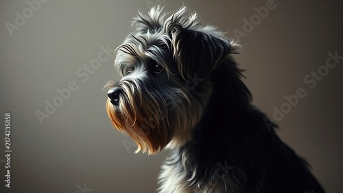 A calm Tibetan terrier dog sitting in profile, highlighted by dramatic side lighting against a simple soft background.