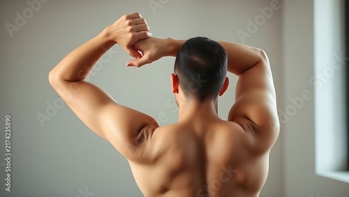 Person stretching upper body before a workout indoors.