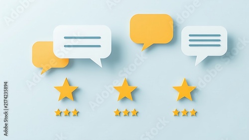 Abstract concept of customer feedback with speech bubbles and stars.