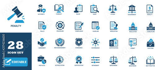 Corporate compliance and regulatory policy blue linear icons representing government ethics.