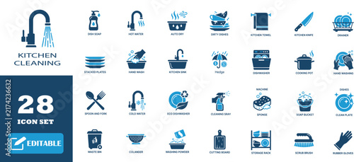 Kitchen cleaning icon set featuring blue and grey home maintenance tools for domestic hygiene.