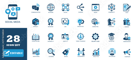Social media engagement and network marketing blue linear icons for online communication.