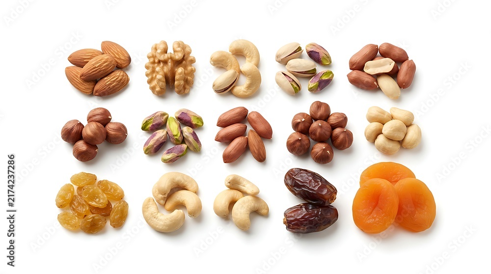 Fototapeta premium Organized grid of different nuts and dried fruit categories.