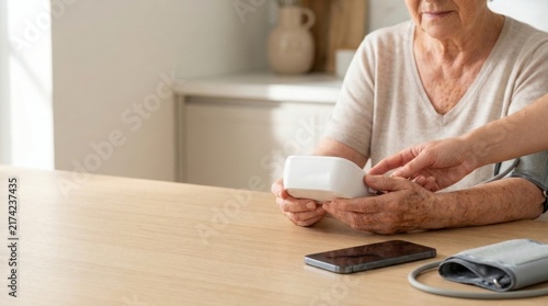 Close up of caregiver assisting elderly woman use a digital blood pressure monitor