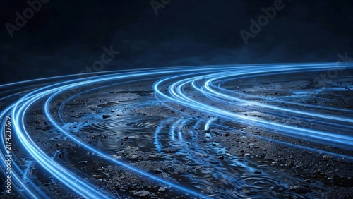Blue light trails streak across a wet, dark surface, evoking speed and motion