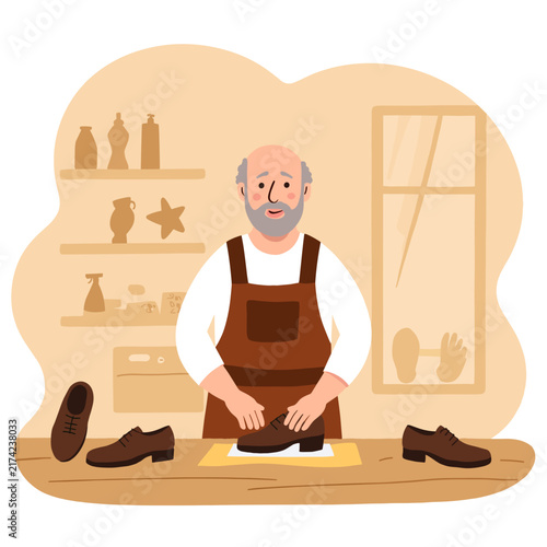 Senior man repairing shoes in a workshop with tools and materials. Elderly set  