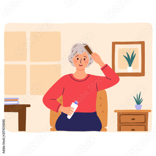 Elderly woman combing her hair while sitting in a cozy living room. Elderly set  