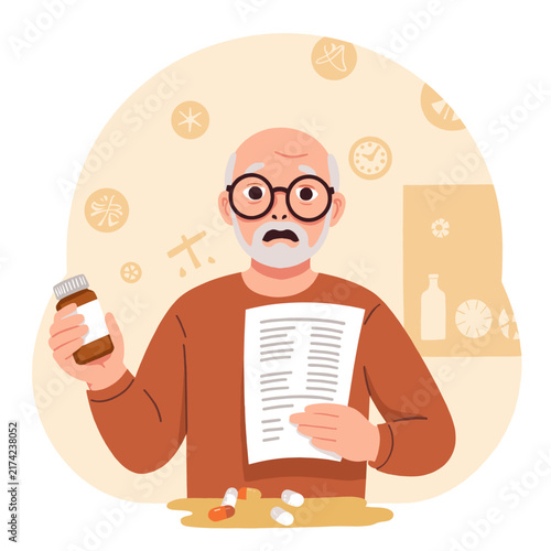 Elderly man reading prescription medication instructions at home. Elderly set  