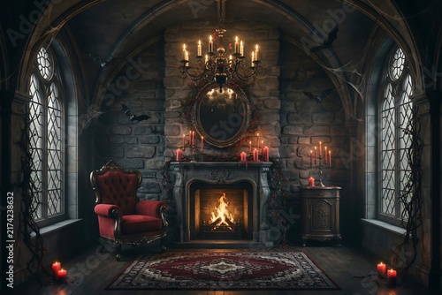 Mysterious gothic room with a stone fireplace, a red velvet armchair, a lit chandelier, and candles, set in a dark, haunted mansion atmosphere