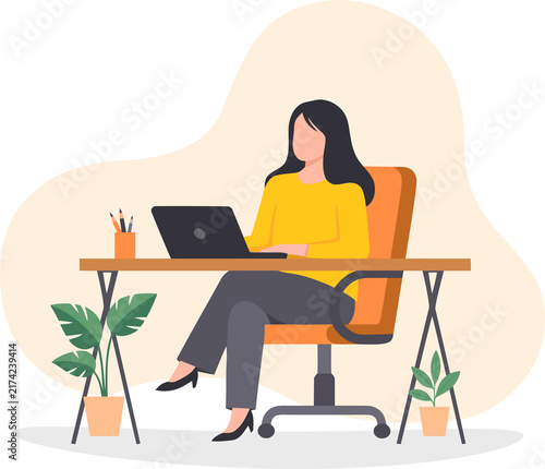 Woman Working at Desk with Laptop and Plants, Modern Home Office Illustration