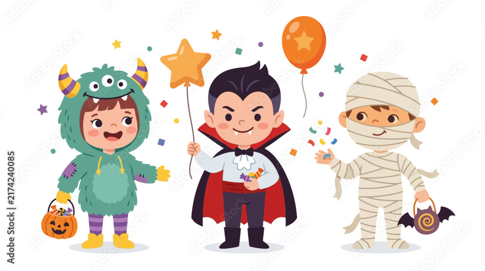 Naklejka premium Children in Halloween Costumes Celebrating with Treats