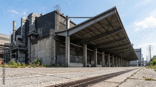 Abandoned Industrial Building with Train Tracks on a Sunny Day